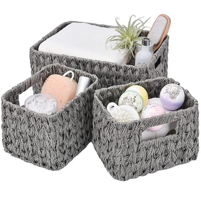 GRANNY SAYS Wicker Baskets for Shelves, Nesting Decorative Woven Basket Set for Organizing, Waterproof Storage Baskets with Handles, Gray, 3-Pack