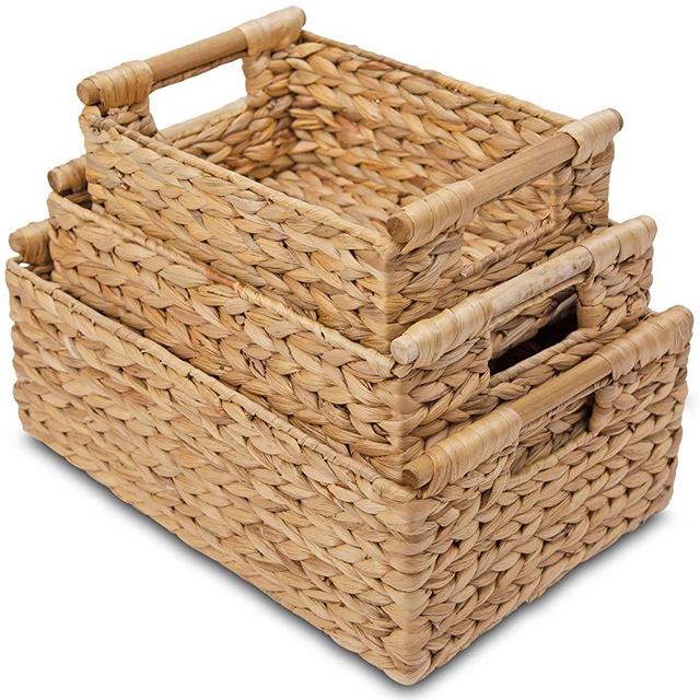 Wicker Baskets for Storage Organizing, Water Hyacinth Storage Baskets Rectangular with Wooden Handles for Shelves, Natural Wicker Storage Basket Bins - Set of Wicker Baskets for Home Organization