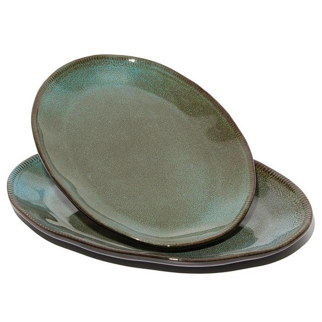 Pokini Stoneware Serving Platters, Oval 13.18/11.92 inch Serving Dishes for Entertaining, Ceramic Serving Trays for Party, Fruit, Turkey, Cheese, Trays for Serving Food, Microwave Safe, Brown Green