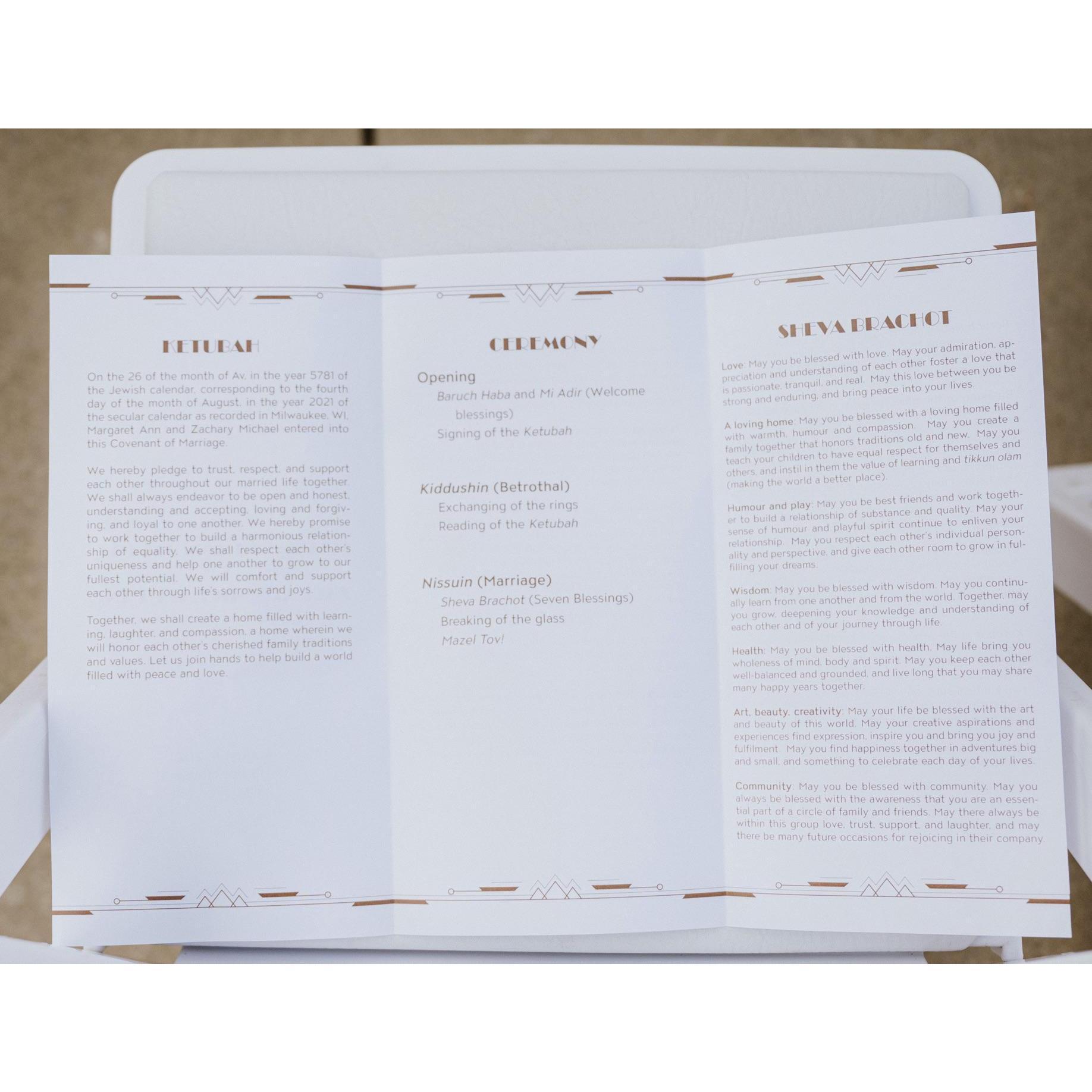 Margaret and Zach's Ketubah, ceremony, and Seven Blessings (Sheva Brachot). The Seven Blessings were read by Margaret and Zach's siblings.
Ceremony, Lake Michigan, Milwaukee, WI