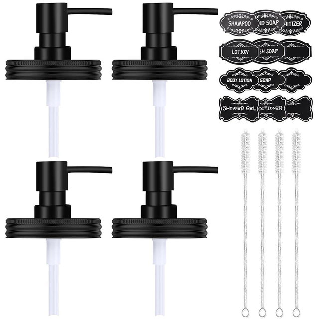 Watsango Mason Jar Soap Dispenser Set, Rustproof Plastic Lotion Pump and Lids Accessories for Regular Mouth Mason Jar and Farmhouse Kitchen Counter Decor- 4 Pack Black
