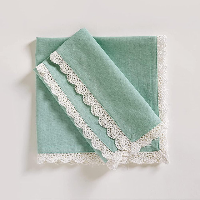 Cloth Napkins Dinner Vintage lace Washable in Cotton Linen Fabric, 6 Pack, Premium Quality, Mitered Corners for Every Day Use Napkins are Pre Shrunk and Good Absorbency Aqua Lace