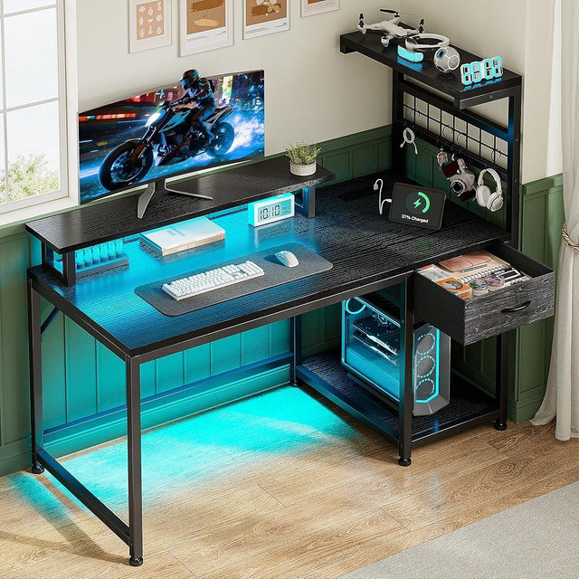 EnHomee 40" Computer Desk with Power Outlets & LED Lights, Home Office Desk with Drawers & Storage Shelves, Gaming Desk with Monitor Stand for Study Room, Living Room, Gaming Room, Black