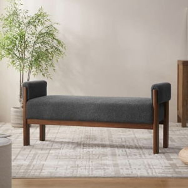 (GREY) VKNOW End of Bed Bench, 51.8” Modern Upholstered Bedroom Bench Indoor Bench with Arms, Entryway Bench with Solid Wood Frame for Bedroom Living Room, Dark Gray