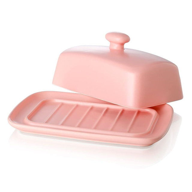 Large Porcelain Butter Dish with Lid, Candiicap Classic Matte Butter Keeper for Countertop, Large Butter Holder for Butter Storage & Home Kitchen Decor, Dishwasher Safe (Matte Pink)
