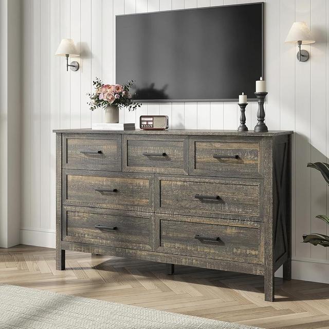 BAZELOR Farmhouse 7 Drawers Dresser for Bedroom, Wood Rustic Wide Chest with Natural Texture, Storage Dressers Organizer for Bedroom, Hallway, Entryway, Dark Brown