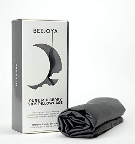 BEEJOYA Natural Silk Pillowcase, Hypoallergenic, 22 Momme, 100% Mulberry Silk, Queen Size with Envelope Closure. Helps Prevent Bed Head, Wrinkles, and Dry Skin. (Queen, Graphite)