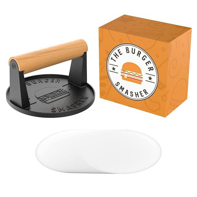 The Burger Smasher - Cast Iron Burger Press Kit w/Patty Paper Included | Hamburger Press Perfect for Cooking on Flat Top Grill, Cast Iron Griddle or Skillet | Griddle Press and Grill Press