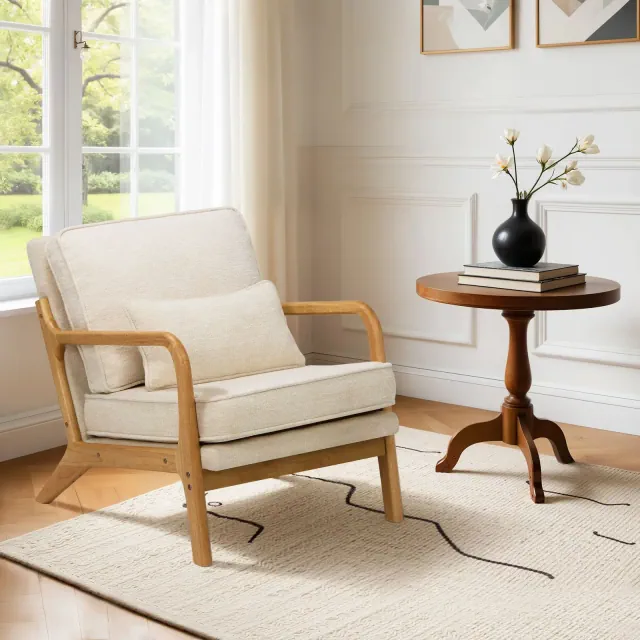 Beige Modern Accent Chair with Lumbar Pillow and Wooden Frame for Living Room or Office