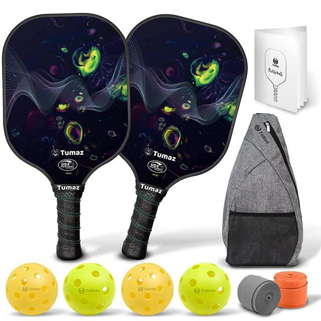 Tumaz Pickleball Paddles Set of 2, USAPA Approved Pickleball Set with Premium Honeycomb Core and Fiberglass Face Pickleball Rackets, 4 Pickle Balls, 2 Grip Tapes, and Portable Carry Bag Included