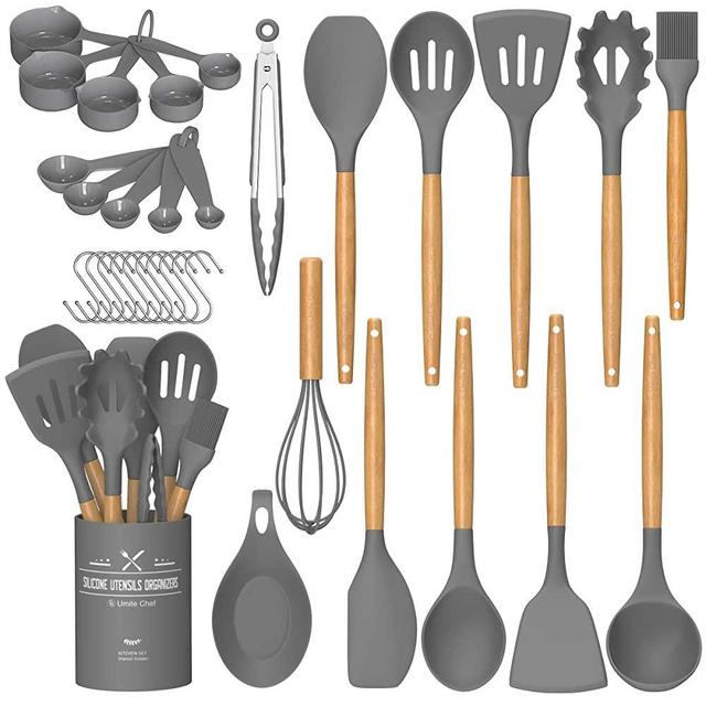 Umite Chef Kitchen Cooking Utensils Set, 24 pcs Non-stick Silicone Cooking Kitchen Utensils Spatula Set with Holder, Wooden Handle Heat Resistant Silicone Kitchen Gadgets Utensil Set (Gray 24Pcs)