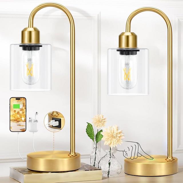 Industrial Gold Table Lamps Set - 3 Way Dimmable Touch Desk Lamps Set of 2 with USB C+A Ports, Nightstand Lamp with Glass Shade,Bedside Lamps for Night Stands, Bedroom, Living Room, LED Bulb Included