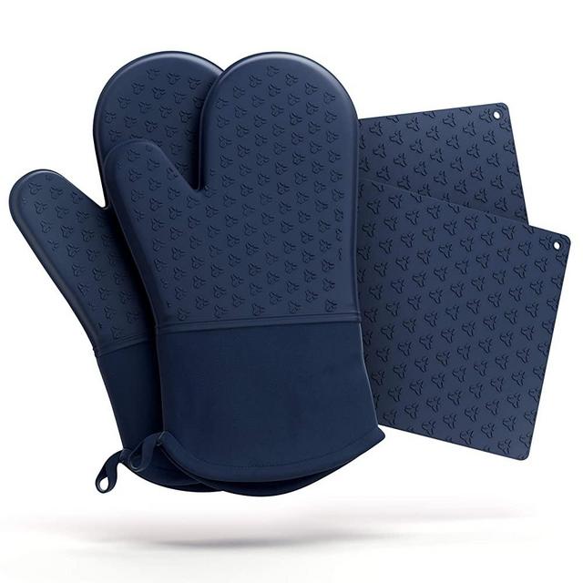 Cosy House Collection 4-Piece Oven Mitt & Pot Holder Set - Non-Slip Silicone & Cotton 500°F Heat Resistant Trivet Cooking Gloves- for Cooking & Baking (Navy Blue)