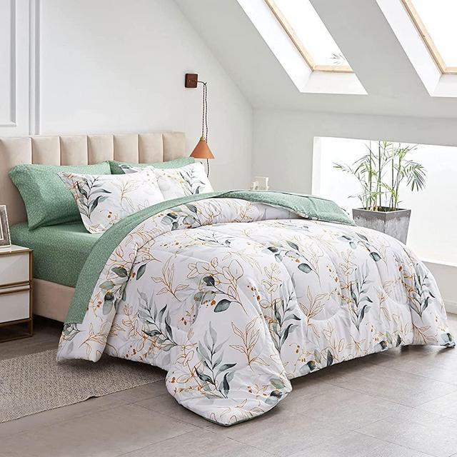 Joyreap 7 Piece Bed in a Bag Queen, Green Leaves Printed on White Botanical Design, Microfiber Comforter Set for All Season (1 Comforter, 2 Pillow Shams, 1 Flat Sheet, 1 Fitted Sheet, 2 Pillowcases)