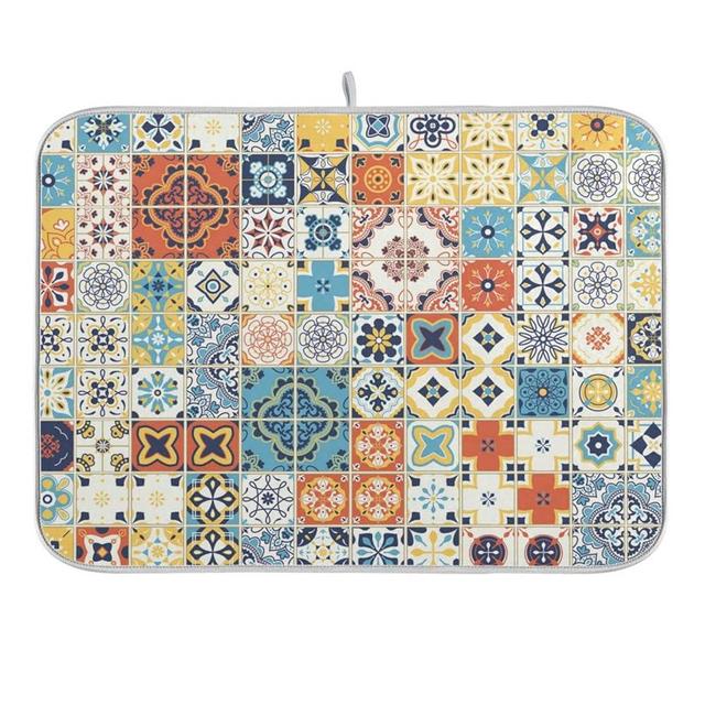 ZzWwR Mediterranean Style Multicolor Portuguese Tiles 16 x 18 Inches Absorbent Dish Drying Mat Microfiber Kitchen Countertop Table Protector Multi-Purpose Counter Rack Sink Drainer Pad