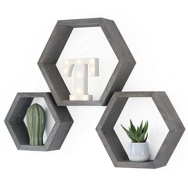 Onyx Home Hexagon Floating Shelves - Set of 3, Gray Wall Decor, Solid Hardwood Construction, Honeycomb Shelves, True Floating Wall Mounted Hexagonal Shelf & No Visible Screws, All Accessories Included