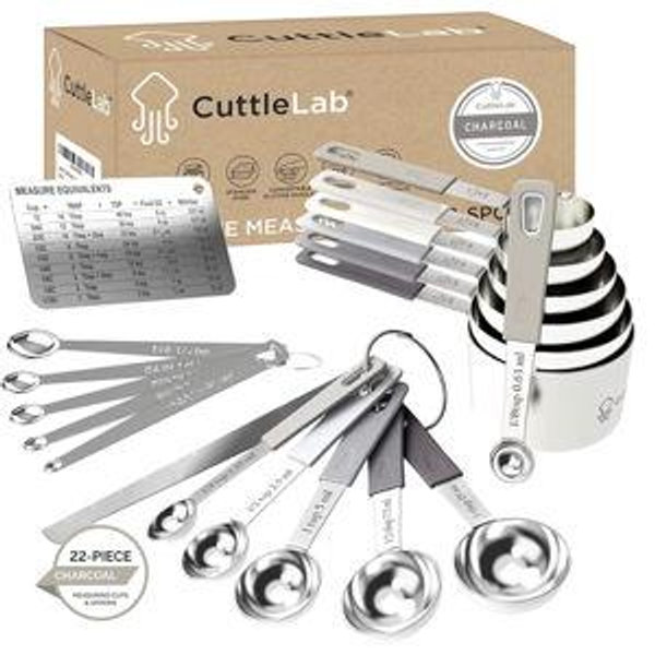 CuttleLab 22-Piece Stainless Steel Measuring Cups and Spoons Set, Tad Dash Pinch Smidgen Drop Mini Measuring Spoons, Measuring Stick Leveler, Measurement Conversion Chart Fridge Magnet, (Charcoal)
