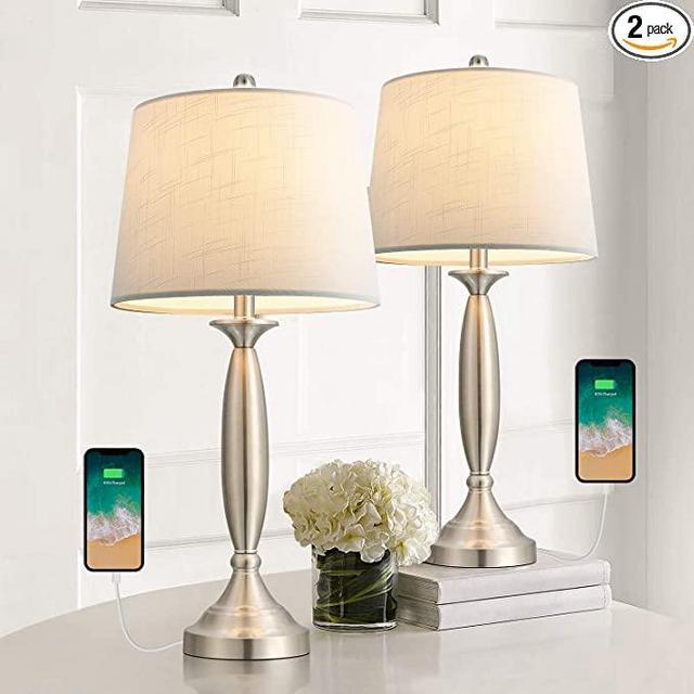 Oneach USB Table Lamp Modern Table Lamps Set of 2 for Living Room 26.75“ with USB Charging Port Brushed Steel Bedside Lamp Fabric Drum Shade Accent Lamp Light for Bedroom Silver