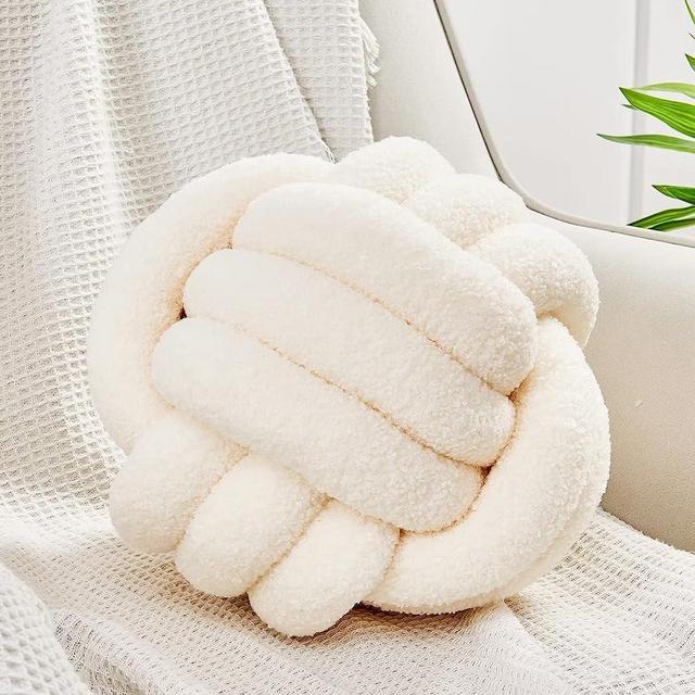 Uvvyui Knot Pillow Ball, Soft Home Decorative Pillows, Round Throw Pillow, Handmade Knotted Plush Pillow, Round Boucle Pillow Cushion (8.6 Inches Ivory)