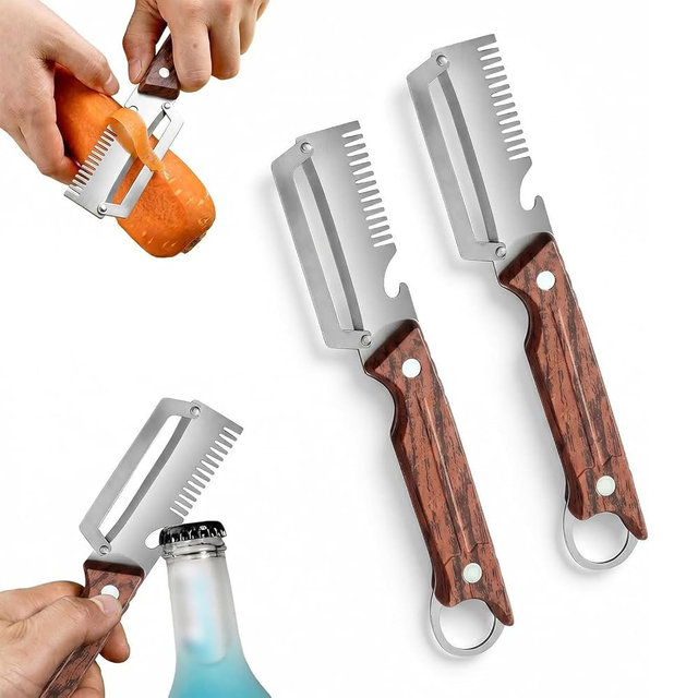 Multifunctional Vegetable Peeler, Vegetable Peeler with Wooden Handle and Bottle Opener, 2PCS 3-in-1 Peeler & Bottle Opener for Fruit Potato Carrot Kitchen Gadget