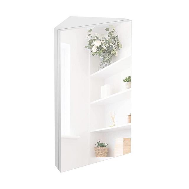 eclife 24" Bathroom Corner Medicine Cabinet with Mirror, Bathroom White Wall Mount Mirror Cabinet，Hanging Triple Shelf Storage Cabinet Opens Left to Right