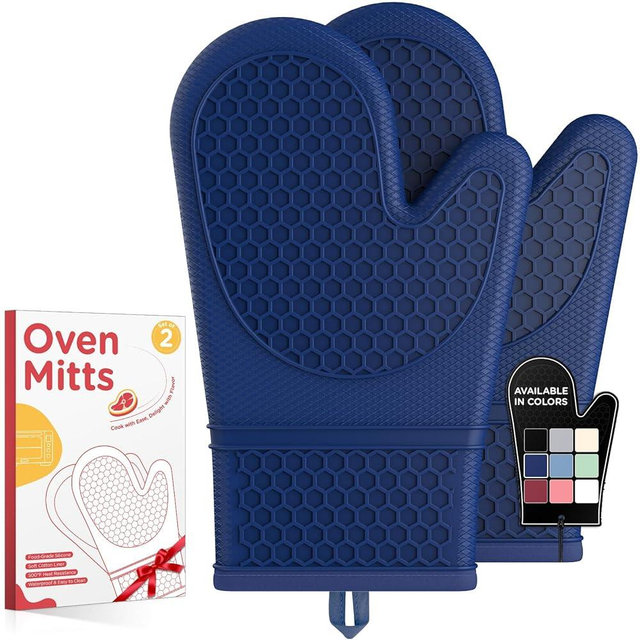 Kitsure Silicone Oven Mitts, Set of 2, Heat Resistant, Oven Gloves with Soft Lining, Non-Slip Kitchen Essentials, Kitchen Gadgets, Apartment Essentials, Great Gift for Cooking, Baking, Blue