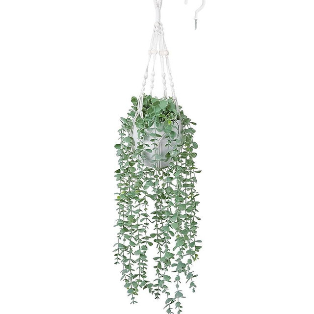 DREAMLOOM Fake Hanging Plants with Pot, Artificial Eucalyptus Hanging Plants with Macrame Hanger for Indoor Decor, Fake Hanging Vines Faux Greenery for Home Kitchen Office