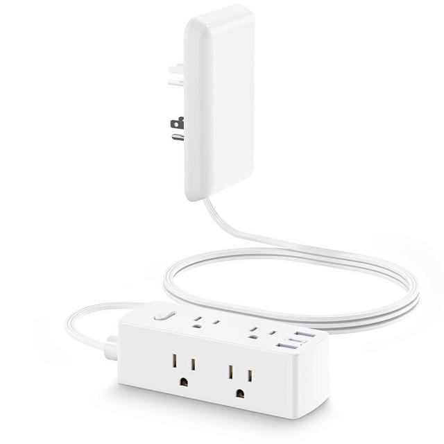 Flat Extension Cord with Outlet Cover, Olcorife Flat Plug Power Strip with 6 Outlets and 3 USB Ports, 2000 Joules Surge Protector, 5 FT Cord Hidden Outlet Extender for Tight Spaces