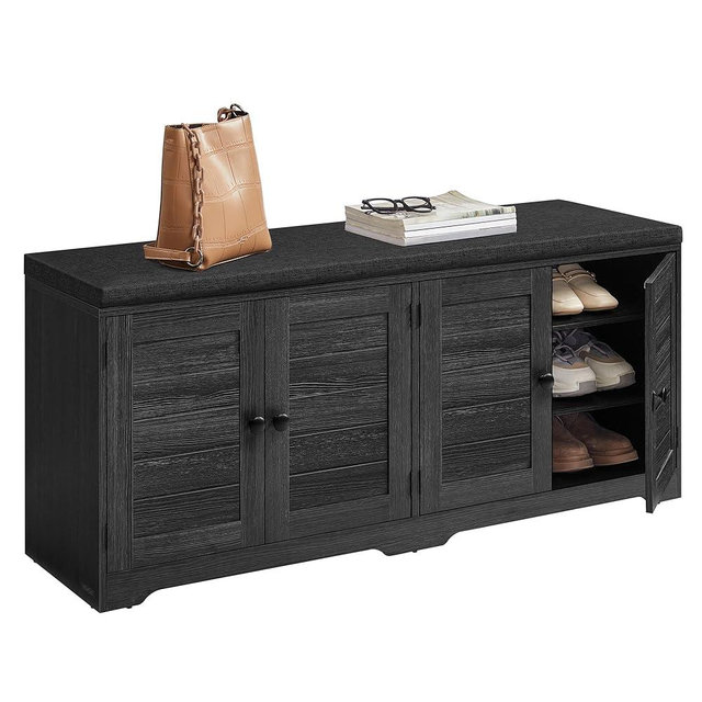 VASAGLE Shoe Storage Bench with Cushion, 3-Tier Entryway Bench with Padded Seat, Doors, Adjustable Shelves, 14 x 47.6 x 20.7 Inches, for Hallway, Bedroom, Charcoal Gray and Ink Black ULSB048BA01