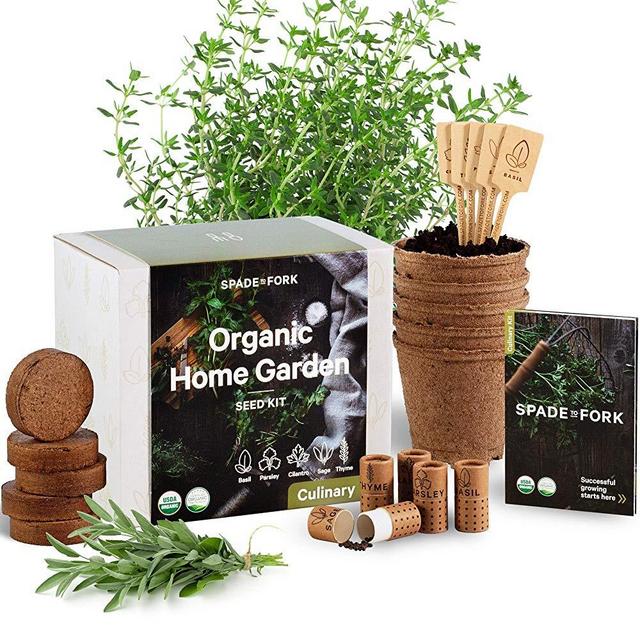 Indoor Herb Garden Starter Kit - Certified 100% USDA Organic Non GMO - Potting Soil, Peat Pots, 5 Herb Seed Basil, Cilantro, Parsley, Sage, Thyme - DIY Kitchen Grow Kit for Growing Herb Seeds Indoors