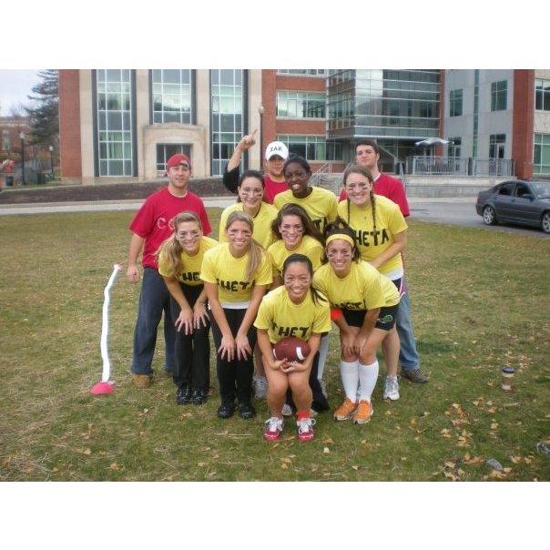 Our first picture together! SAE Powderpuff Football Tournament raising money for Connecticut Children's Hospital. Justin was a coach for the Theta team!