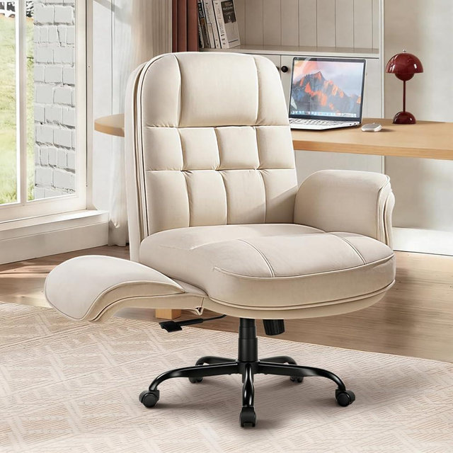 Big and Tall Criss Cross Office Chair with Flip-Up Armrests, Criss Legged Office Chair with Thickened Seat & High Back, Swivel Vanity Chair with Wheels for Home Office, Makeup and Bedroom (Cream, L)