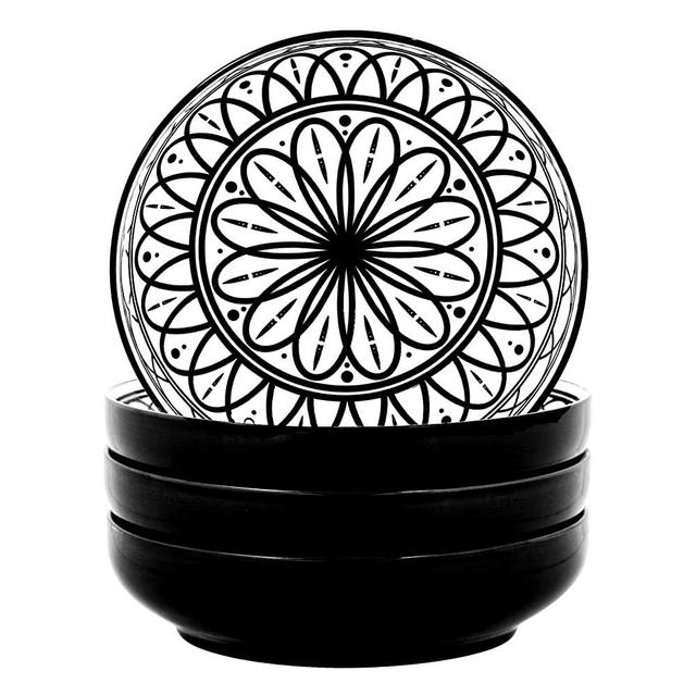 YUNDU 38 Ounce Pasta Bowl Set of 4, Large Salad Serving Porcelain Bowls, Microwave Dishwasher Safe, Black
