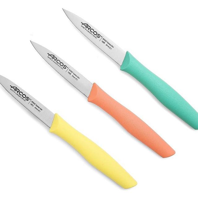 ARCOS Paring Knife Set of 3 Pieces 4 Inch Stainless Steel. Colorful Kitchen Knives for Peeling Fruits and Vegetables. Ergonomic Polypropylene Handle. Series Nova. Color Orange, Yellow and Blue.