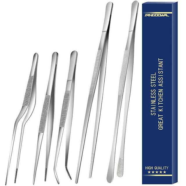 5 Pcs Kitchen Fine Tweezer Tongs, Stainless Steel Food Tweezers Set, Professional Kitchen Long Tweezer for Cooking,Repairing,Sea food,BBQ,Multi-use(12"and 6.3")