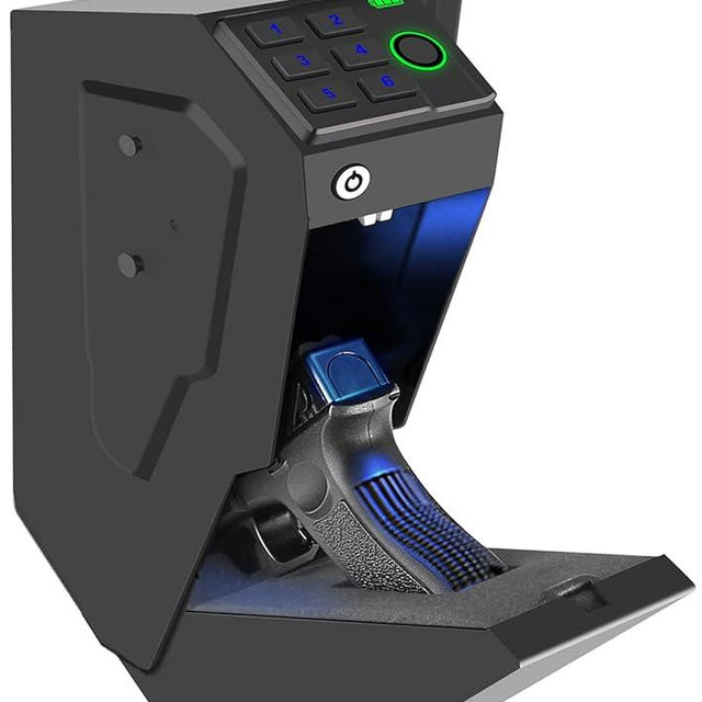 Biometric Mounted Handgun Gun Safe for Nightstand, Desk, Bed Side, Wall,Truck - Auto Open Hidden Hand Gun Safe for Pistol -with Fingerprint, 6-button Backlit Keypad, KEY Access