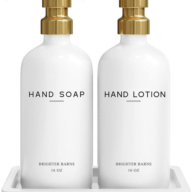 Luxury Glass Soap and Lotion Dispenser Set with Tray by Brighter Barns - Hand Soap Dispenser Bathroom Set & Stainless Steel Pump for Home or Airbnb - White and Gold Bathroom Accessories & Decor (Gold)