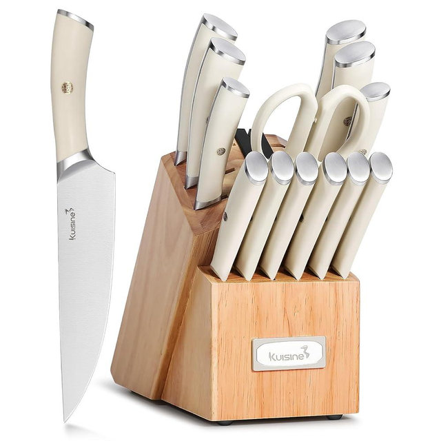 KUISINE Upgraded Knife Set High Carbon Stainless Steel Super Sharp Blade Ergonomic Rivet Handle,Knife Block Set with Built-in Sharpener(Ivory Acacia Pro,15PCS)