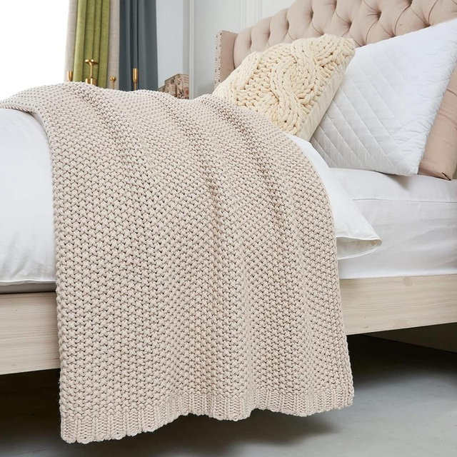 Longhui bedding Chunky Cable Knit Throw Blanket Lightweight Beige 100% Organic Cotton Blanket for Sofa Couch Bed Baby Nursery, Rustic Shabby Chic Modern Farmhouse, 60” x 80”