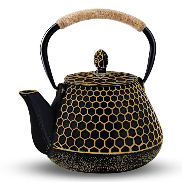 Cast Iron Tea Pot - Honeycomb Pattern Tea Kettle with Tea Leaf Infuser,Stovetop Tea Kettle Coated with Enameled Interior,Suitable for Brewing Loose Leaf Tea (black)