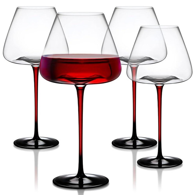 LEMONSODA Concave Champagne & Wine Glasses - Modern Red Stem & Black Bottom for Sparkling Wine, Rosé, Prosecco, Champagne – Handcrafted Barware, Perfect for gift (24oz, Set of 4)