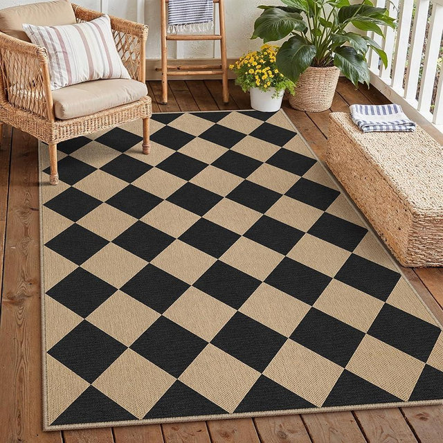 PureCozy 3x5 Checkered Easy Jute Outdoor Patio Rug Washable Area Rugs for Living Room Entryway Diamond Indoor Outdoor Mat Farmhouse Neutral Non Slip Black Door Carpet for Backyard Bedroom