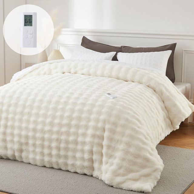 GarveeHome Heated Comforter King Size with Wireless Remote & Dual Zone Control, Luxury Faux Fur Electric Bedding Blanket, 6 Heat Levels & Auto Shut-Off, for Couples, Beige