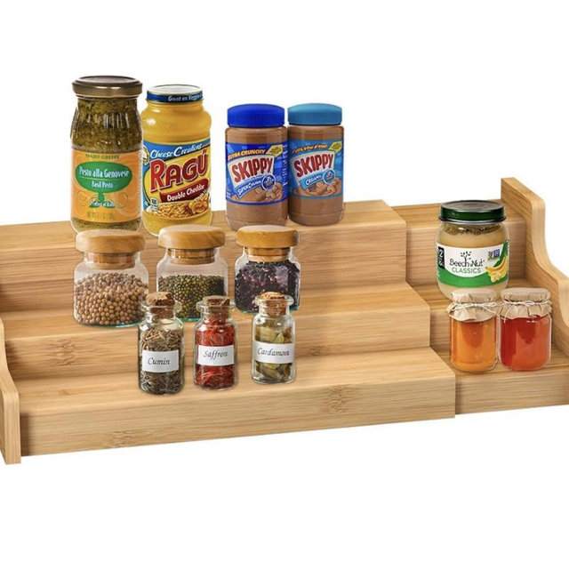Spice Rack Kitchen Cabinet Organizer- 3 Tier Bamboo Expandable Display Shelf Yellow
