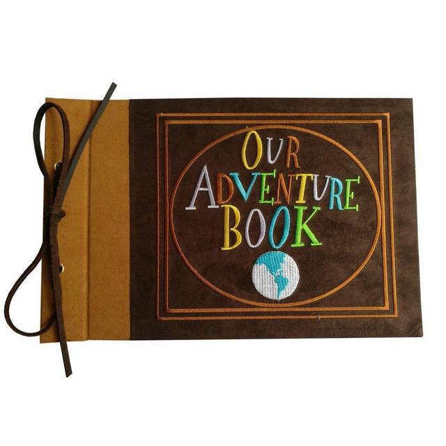 LINKEDWIN Our Adventure Book, Suede Cover Embroidered Scrapbook with Pixar Up Themed Postcards, Wedding and Anniversary Photo Album, Memory Keepsake, 11.6 x 7.5 inches, 80 Pages