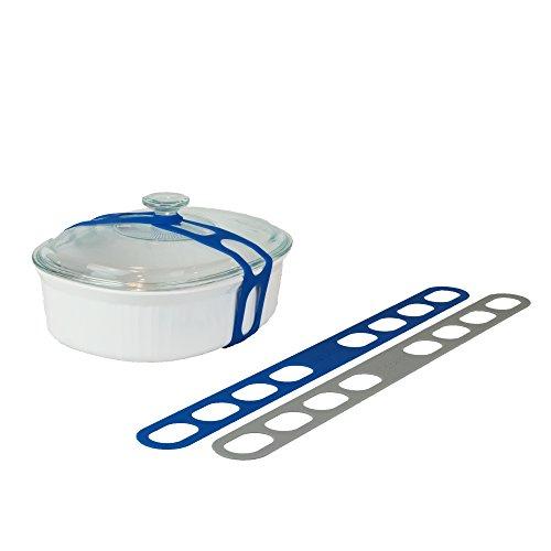 Lid Latch the reusable universal lid securing strap for crockpots, casserole dishes, pots, pans and more. Make it easy to transport your favorite dishes with one simple strap. (2 Pack Grey/Blue)