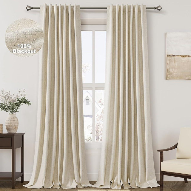 100% Blackout Beige Linen Curtains 96 inches Long for Bedroom Back Tab Thermal Insulated Black Out Window Curtain Full Light Blocking Room Darkening Curtains for Living Room Guest Playroom 8 FT