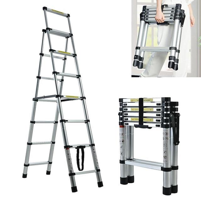 Aluminum Telescoping Ladder Extension Ladder Portable Steps Ladder 6+7 Steps Compact Aluminium Herringbone Ladder, 330lbs Capacity, for Household, RV, Outdoor