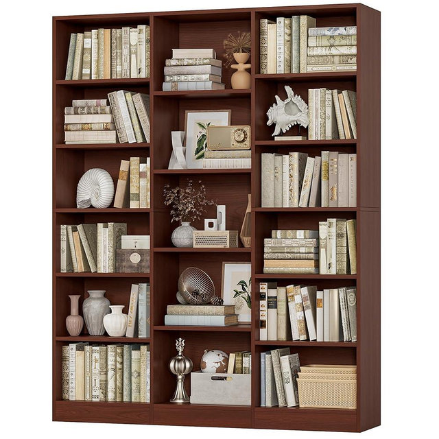 FACBOTALL Triple Wide Bookshelf, 6 Tier Large Bookshelf, Bookcase with 17 Open Display Shelves, 74'' Tall Bookcases and Bookshelves for Living Room, Home Office, Library, Cherry