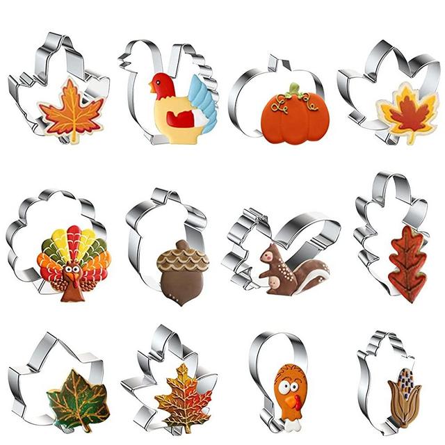 MIUINCY 12 Piece Fall Cookie Cutters,Thanksgiving Holiday Cookie Cutters Set, Leaf Pumpkin Turkey Squirrel Stainless Steel Cutters Molds for Making Biscuits, Muffins, Cakes